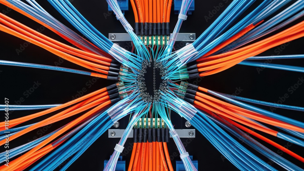 Poster dynamic signal flow with vibrant data streams in high tech infrastructure featuring fiber optic conn