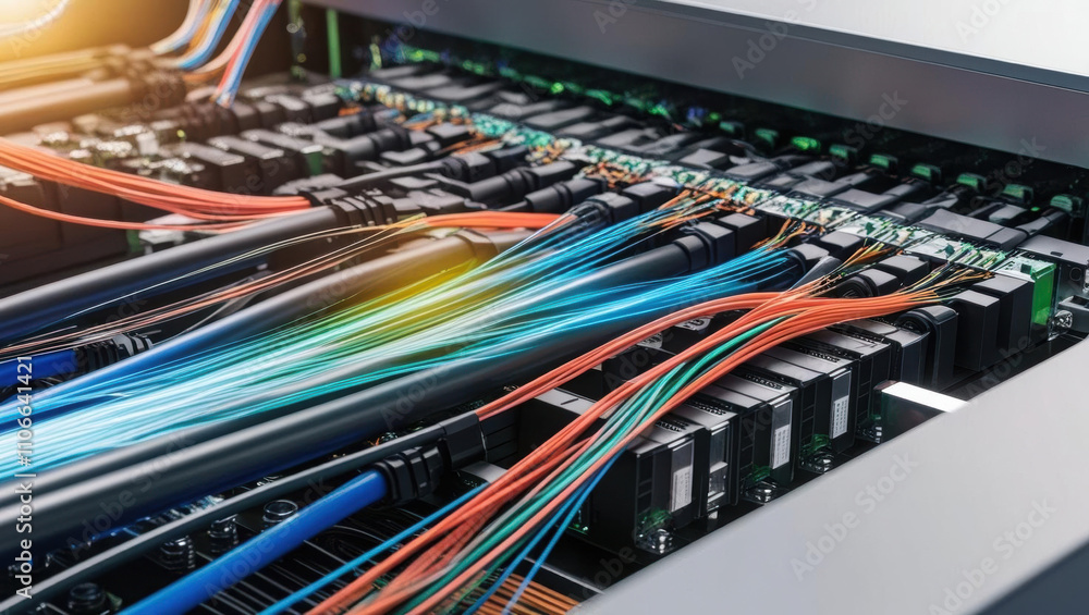 Poster fiber optic connections showcase dynamic signal flow and vibrant data streams, highlighting complexi