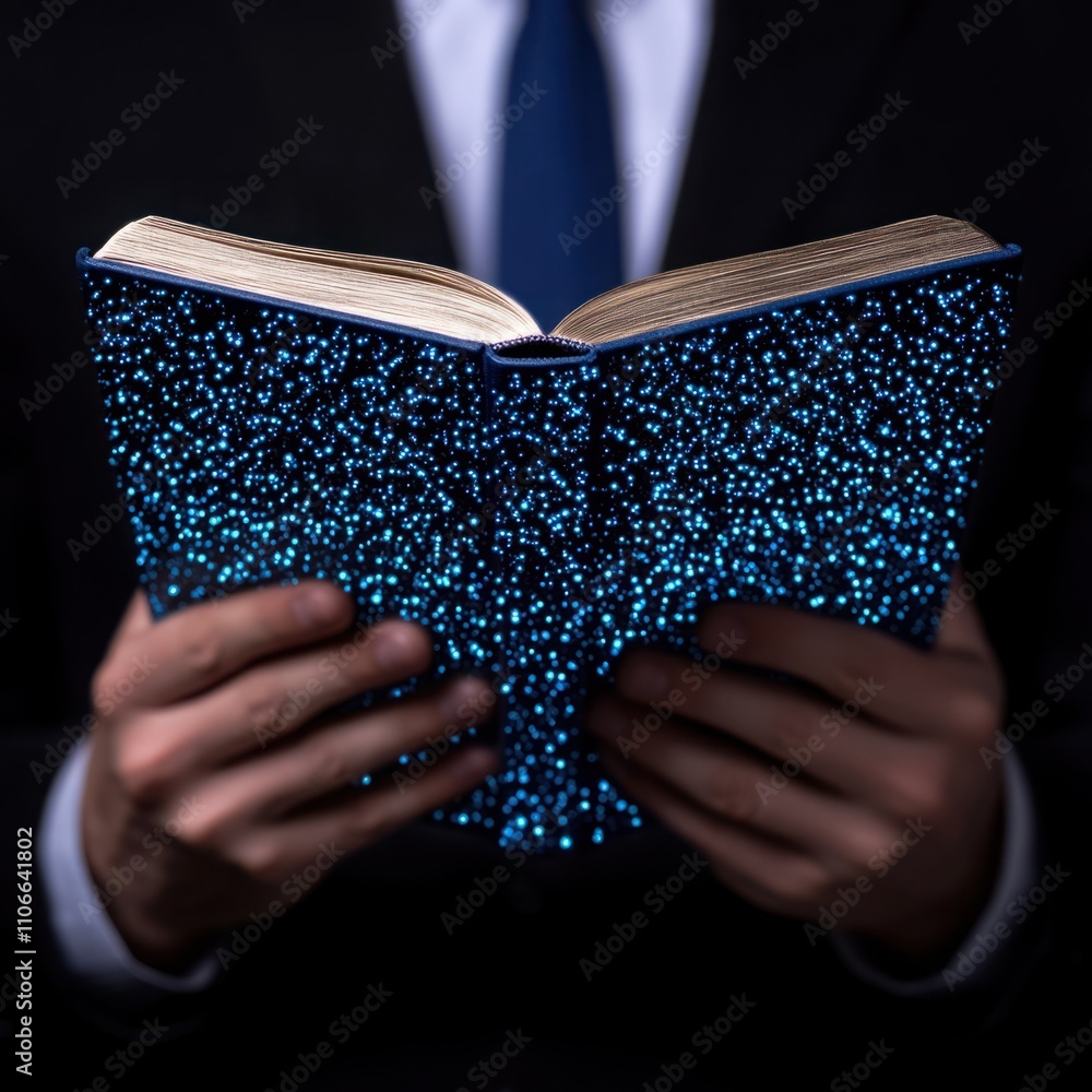 Poster Hands Holding an Intricately Designed Book with a Sparkling Cover, Revealing a Mystical Glow Against a Dark Background in a Soft-Focused Setting