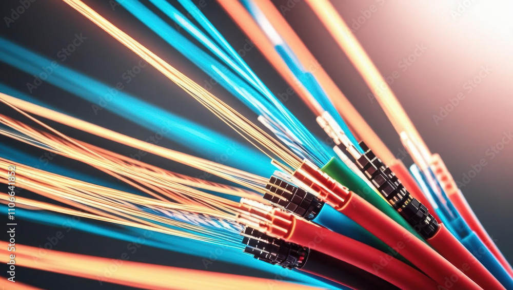 Poster fiber optic cables with glowing signals create vibrant tech driven aesthetic, showcasing dynamic ban