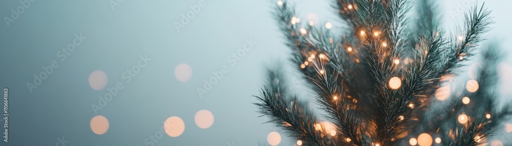 Poster beautiful close-up of a pine tree branch adorned with soft glowing lights creating a serene holiday 