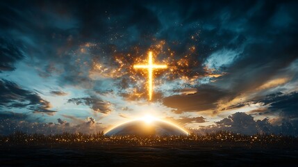 Obraz premium The image depicts a glowing cross suspended in the sky over the curvature of the Earth, bathed in the warm light of the rising sun