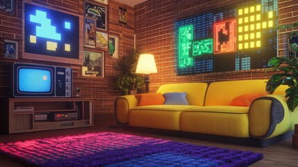 Retro Gaming Room with Colorful Artwork and Cozy Ambiance