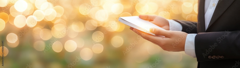 Aufkleber a business professional holding a modern mobile device against a soft blurred background with warm l
