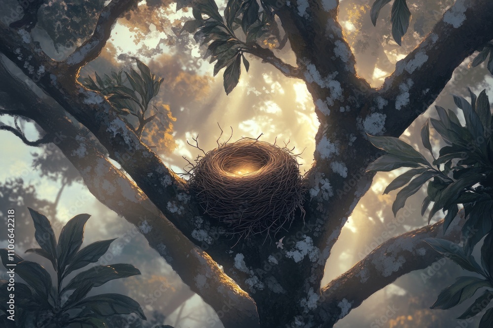 Aufkleber a serene bird's nest nestled in a tree, illuminated by soft sunlight filtering through leaves.