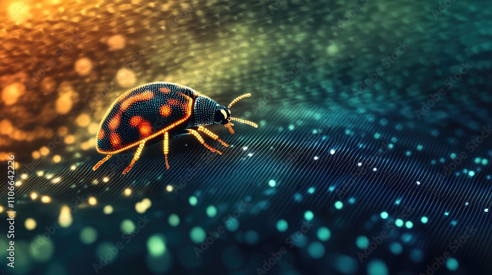 Poster Colorful Bug with Vibrant Patterns on a Futuristic Abstract Background