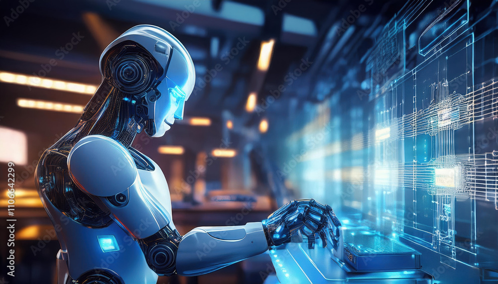 Poster robotic arm interacts with smart device in high tech lab, showcasing glowing circuits and futuristic