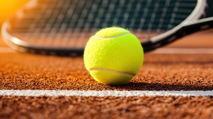 Tennis racket and ball on green grass concept. Tennis Ball on Court with Marked White Line