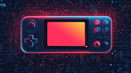 Neon Retro Gaming Console on Circuit Board Background Design