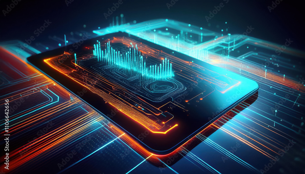 Aufkleber futuristic tablet with glowing circuits and data visualization, showcasing advanced technology and d