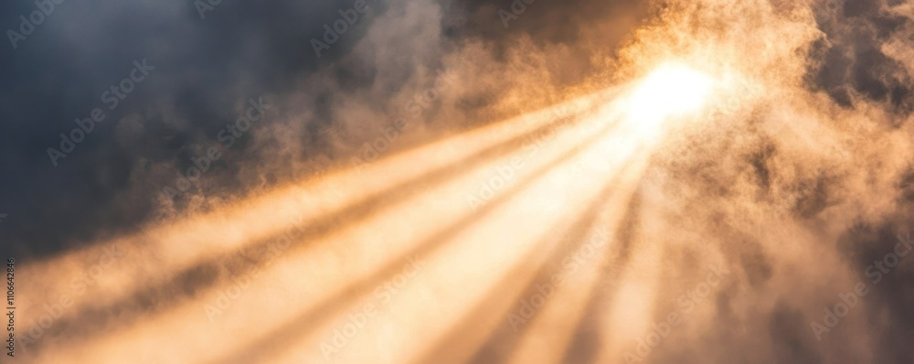Poster sunlight beams piercing through dark clouds, creating a dramatic atmospheric effect.