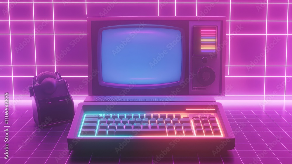 Poster retro futuristic computer setup with neon lights and grid background