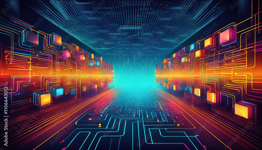Aufkleber vibrant digital landscape featuring network of glowing circuits and colorful screens, symbolizing mo