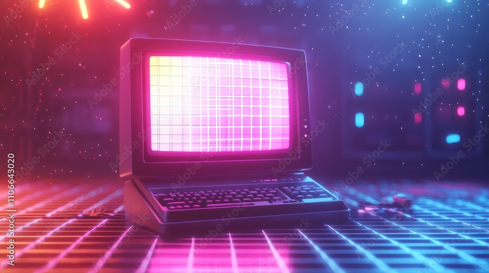 Poster retro computer in neon lights with grids and particles background