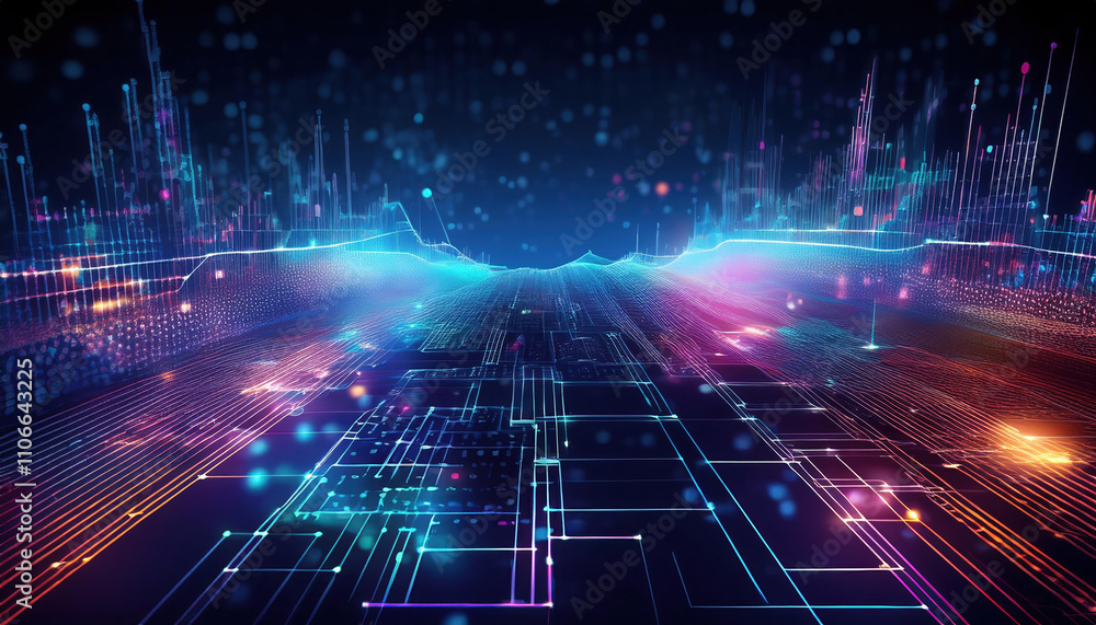 Poster vibrant digital landscape showcasing holographic data visualization with intricate patterns and glow