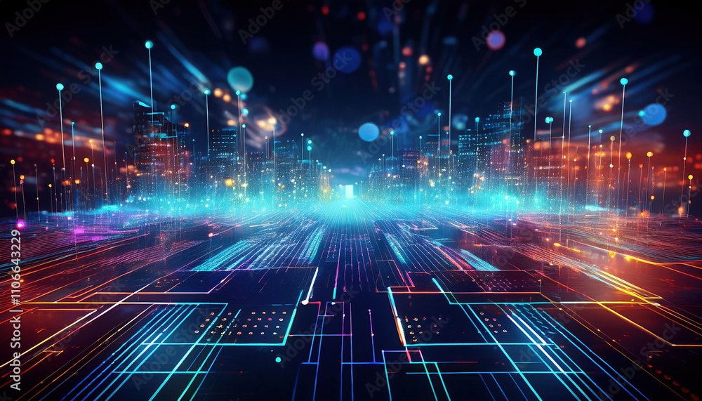 Poster vibrant digital landscape showcasing futuristic city with holographic data visualizations and advanc