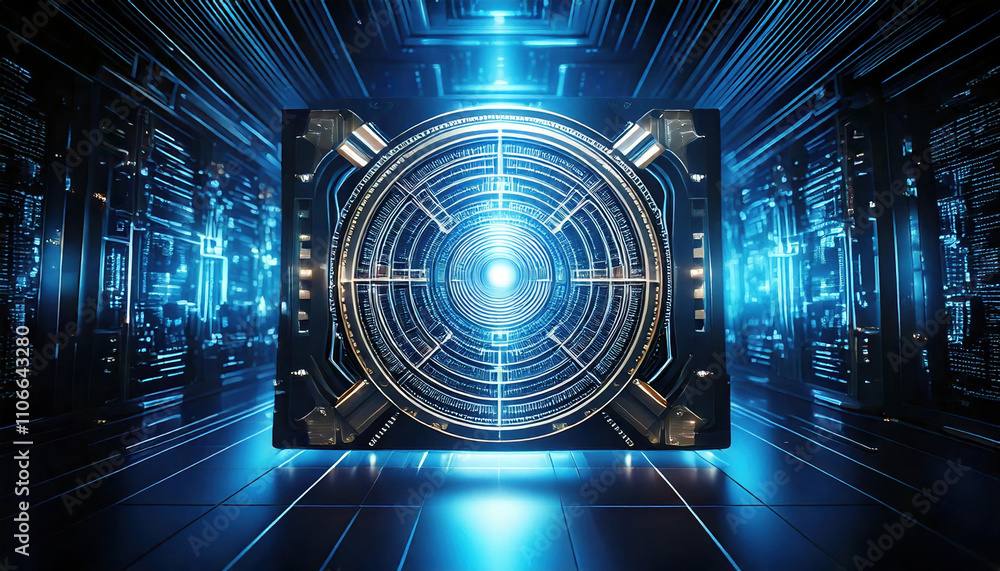 Poster glowing cryptocurrency vault with advanced blockchain patterns, showcasing sleek futuristic design a