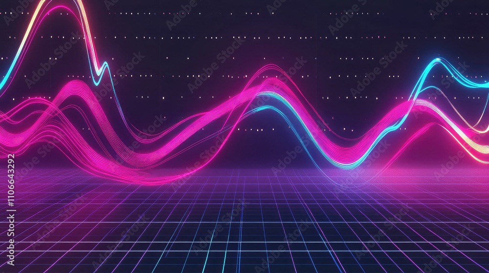 Poster colorful waves of light with grid background and digital elements