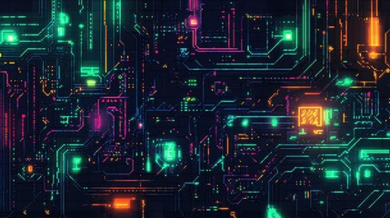 Vibrant Neon Circuit Board Design with Colorful Glowing Elements