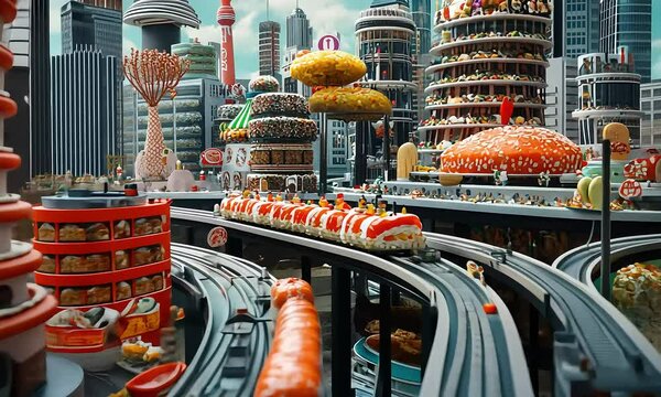 Futuristic cityscape featuring vibrant food stands, towering sushi structures, and a bustling urban environment filled with imaginative fast food creations and playful architecture with ai generated.