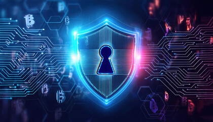 glowing shield symbolizing cybersecurity with cryptocurrency symbols, representing advanced financial protection and dynamic technology