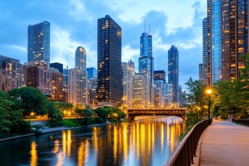 Fototapeta premium A modern city skyline illuminated by thousands of twinkling lights, with a river reflecting the glow