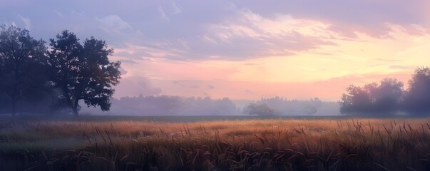 Fototapeta premium Serene Sunset Over Golden Grassland And Trees