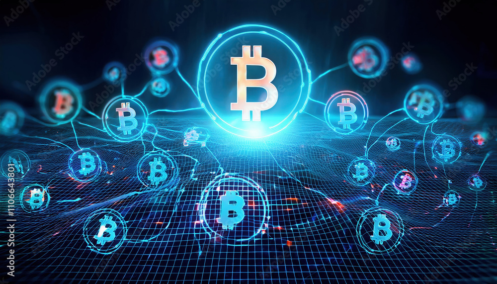 Poster digital cryptocurrency symbols glowing in network grid, representing advanced financial protection a