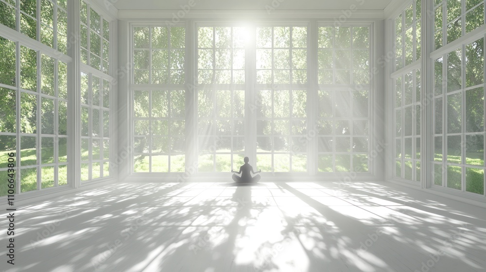 Poster a serene indoor space with sunlight filtering through large windows, creating a peaceful atmosphere.