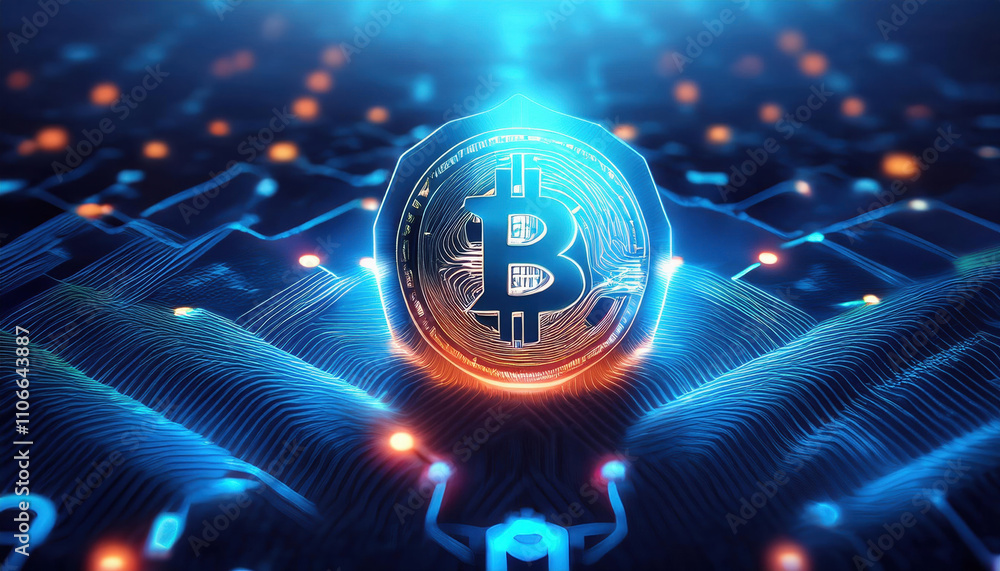 Poster glowing bitcoin symbol surrounded by dynamic digital grid represents advanced financial protection a