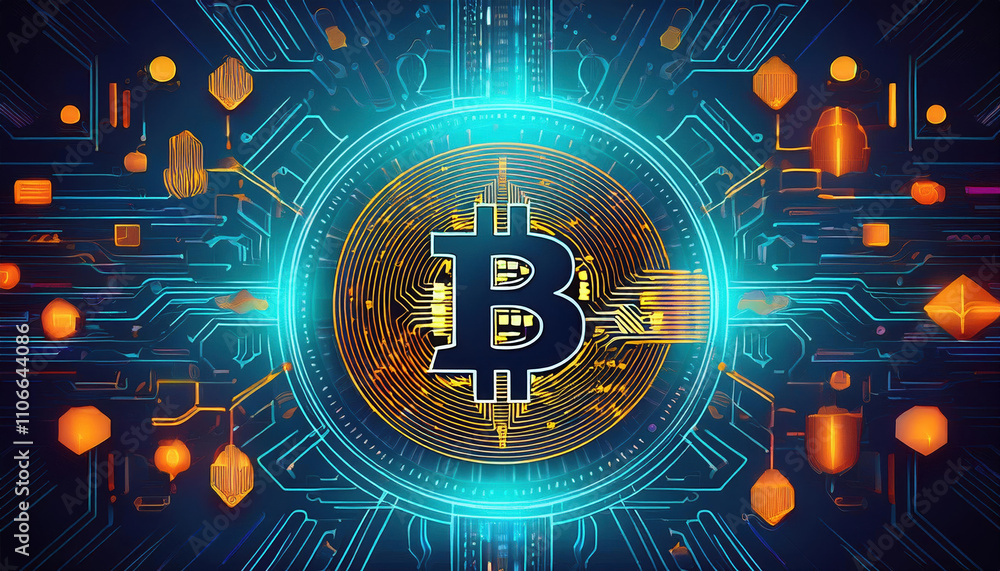 Poster vibrant blockchain patterns with digital coin protection, showcasing secure financial systems and cu