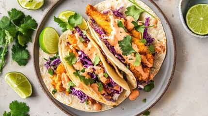 A plate of crispy fish tacos topped with cabbage slaw and chipotle aioli, Tacos on plate, Vibrant overhead lighting accentuating the colors