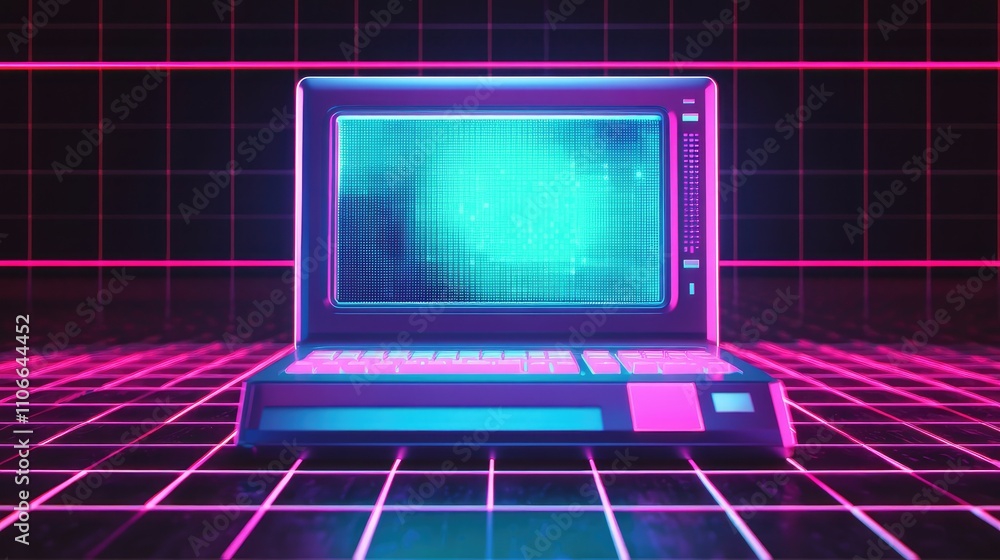 Poster retro futuristic computer with neon glow and grid background