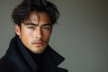 Obraz premium fashion-forward young male model showcases casual black attire against a minimalist gray backdrop, exuding confidence and style in a striking pose