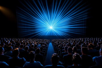 A packed audience cheering as the credits roll after an epic blockbuster finale