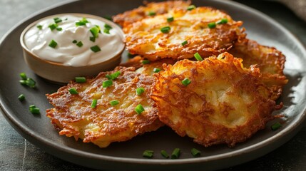 A plate of crispy potato latkes served with sour cream and applesauce, Potato latke plate centered, Warm overhead lighting accentuating their golden-brown crust