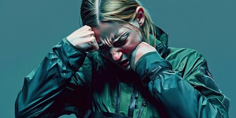 Fototapeta premium A young woman expresses frustration, clenching her fists in a dramatic pose against a muted background.