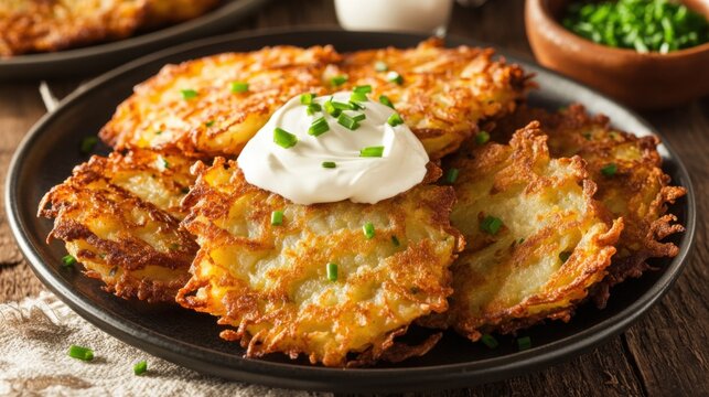 A plate of crispy potato latkes served with sour cream and applesauce, Potato latke plate centered, Warm overhead lighting accentuating their golden-brown crust
