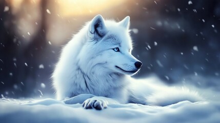 Obraz premium The serene presence of a wild white wolf amidst swirling snowflakes.