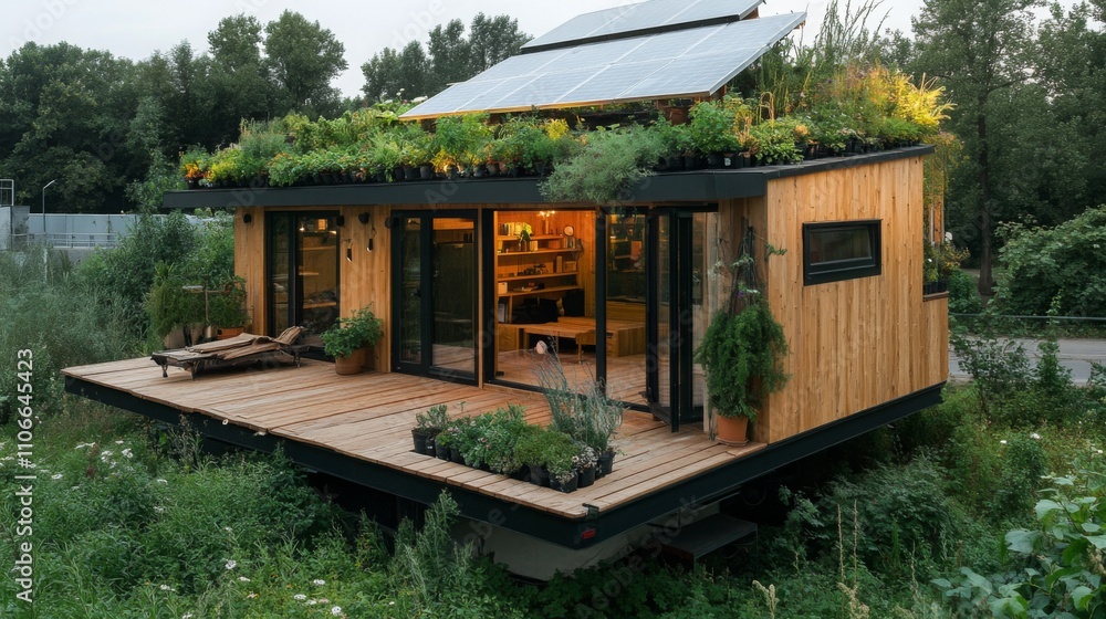 Poster this unique residence showcases a modern design with extensive greenery and solar panels, harmonizin