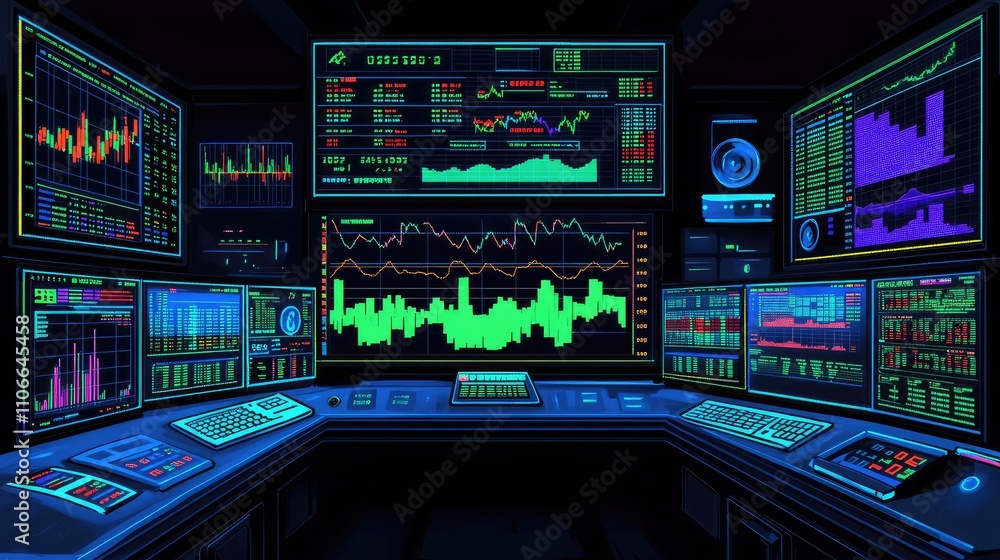 Poster futuristic stock trading room with colorful graphs and data displays