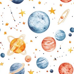 eamless pattern of watercolor galaxies with stars, planets, and constellations