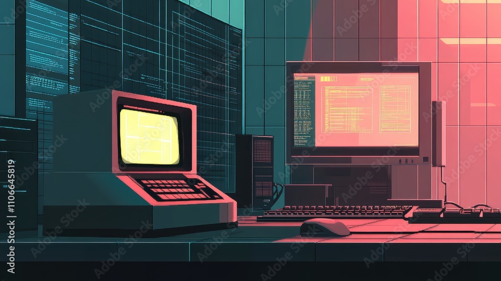 Poster retro computer setup in futuristic digital workspace environment