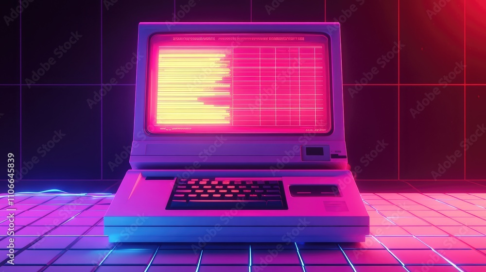 Poster retro computer with neon lights and grid background in dark room