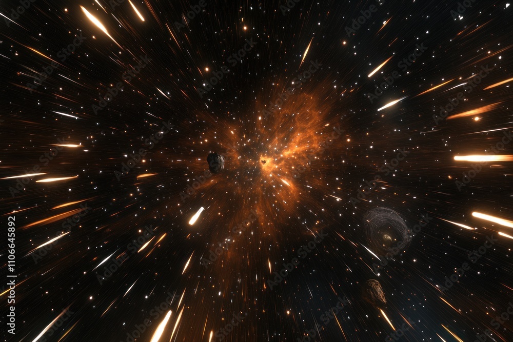 Poster a dynamic space scene depicting cosmic elements in motion, emphasizing speed and energy.