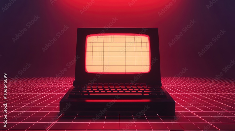 Poster futuristic retro computer with neon glow in dark environment