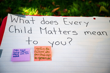 Sign from an Every Child Matters (aka Orange Shirt Day and National Day for Truth and Reconciliation) event in British Columbia Canada asking what the day means to people and inviting responses.