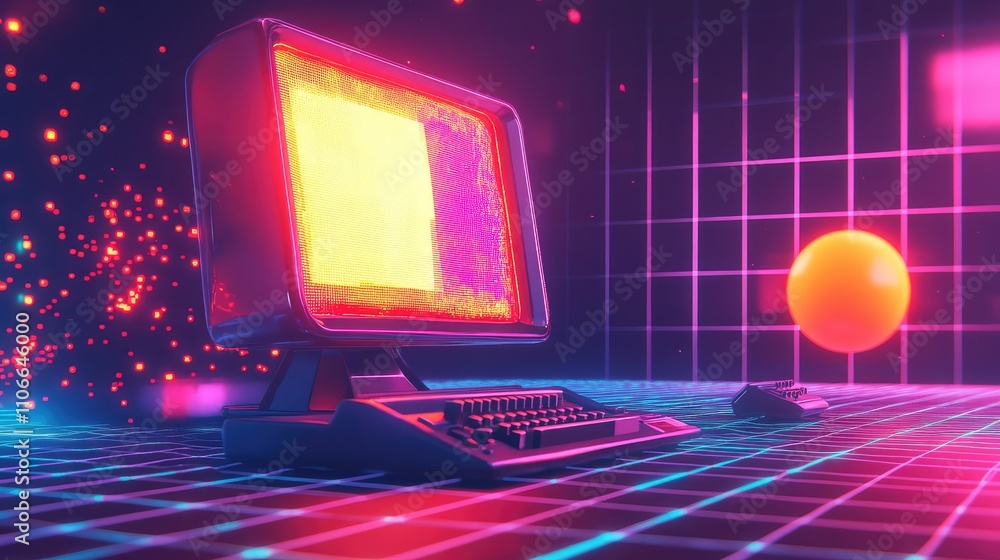 Poster retro futuristic computer with neon colors and grid background