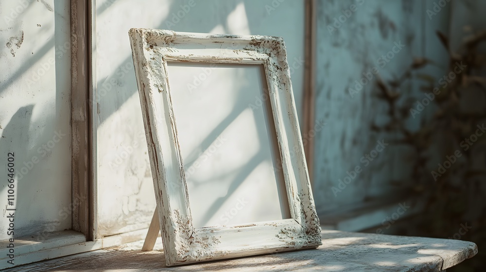 Aufkleber a distressed wooden frame with a shabby chic design, featuring chipped white paint and faded floral 