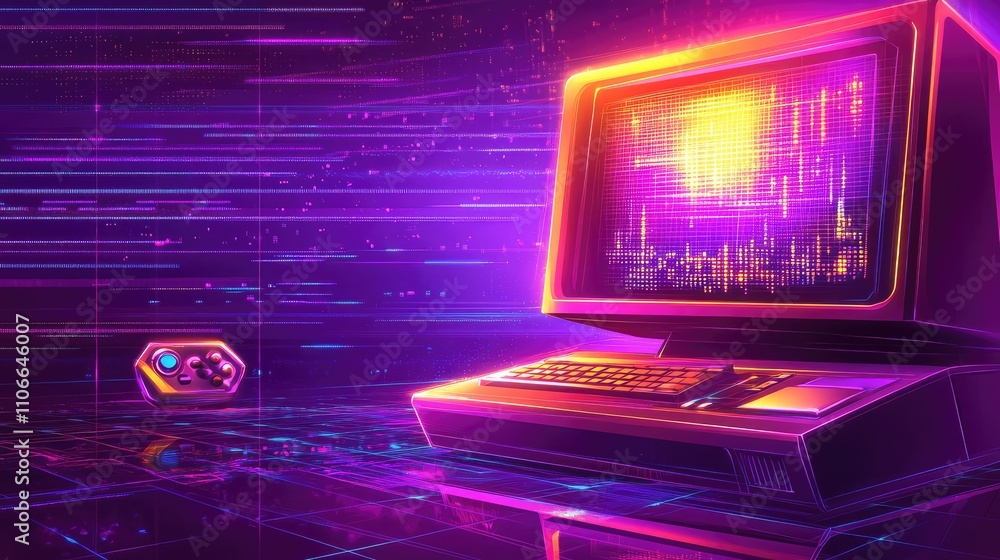 Poster retro futuristic computer display with neon colors and controller